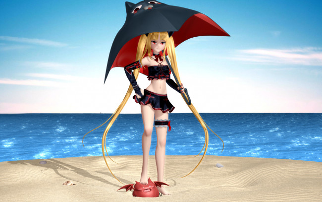 Обои картинки фото 3д, графика, anime, аниме, зонт, пляж