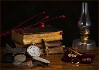 Картинка разное Часы +часовые+механизмы монеты книги лампа кольцо часы натюрморт