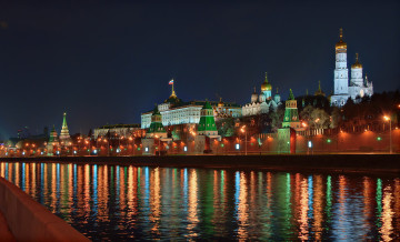 Картинка города москва+ россия река огни ночь москва дома кремль