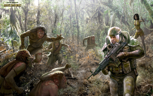 Обои картинки фото фэнтези, существа, оружие, планета, чужая, аборигены, джунгли, солдат