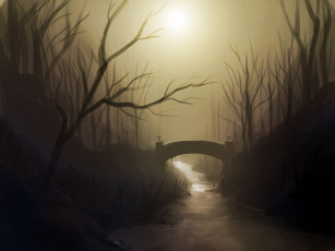 Картинка рисованное природа мост деревья река пейзаж