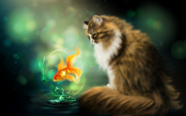Обои картинки фото рисованное, животные, нelena, cat, золотая, рыбка, кот, fish