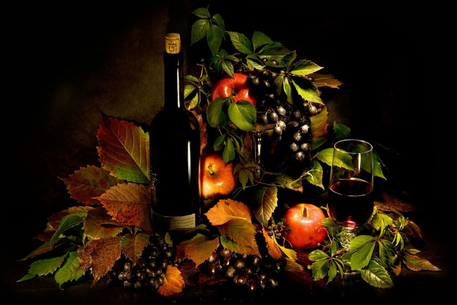 Обои картинки фото еда, напитки,  вино, виноград, вино, яблоко, натюрморт