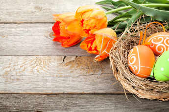 Картинка праздничные пасха тюльпаны гнездо яйца