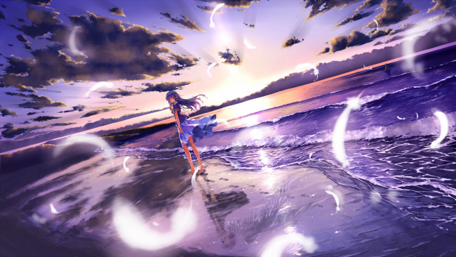 Обои картинки фото аниме, *unknown, другое, пляж, девушка, закат