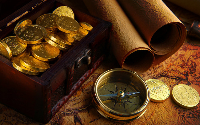 Обои картинки фото разное, золото, купюры, монеты, шкатулка, компас, свиток