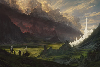Картинка фэнтези замки воины рыцари замок горы долина
