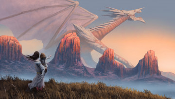 Картинка фэнтези драконы ребёнок горы дракон девушка