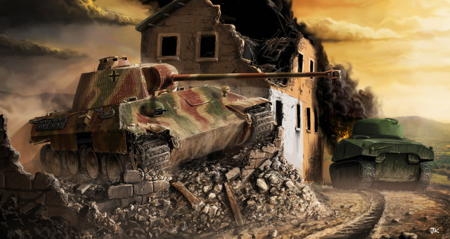 Обои картинки фото рисованные, армия, танк, пантера, война, panther, vs, sherman, здание, дом, германия, шерман