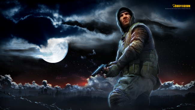 Обои картинки фото survarium, видео игры, мужик, ночь, луна, облака, пистолет, оружие