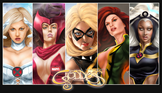 Обои картинки фото видео игры, goddess alliance, warbird, jean, grey-summers, феникс, storm, scarlet, witch, emma, frost, ms, marvel