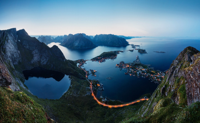 Обои картинки фото города, - пейзажи, огни, вечер, фьорды, норвегия, лофотенские, острова, горы