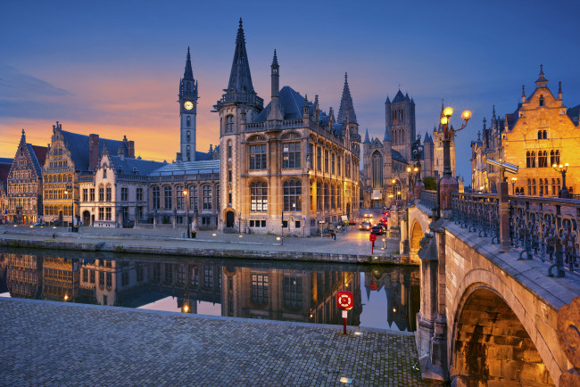 Обои картинки фото города, - улицы,  площади,  набережные, гент, мост, река, дома, огни, фландрия, бельгия, ночь