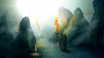 Картинка фэнтези люди скалы фон факел