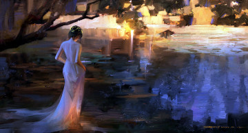 Картинка рисованное люди девушка озеро деревья