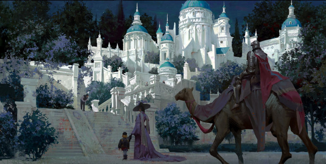 Обои картинки фото фэнтези, иные миры,  иные времена, дворец, сады, лестница, люди, верблюд