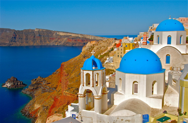 Обои картинки фото города, санторини, греция, greece, santorini, oia, ия, эгейское, море, церковь, побережье, скалы