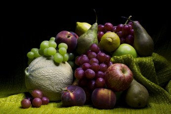 Картинка еда фрукты +ягоды виноград дыня груши сливы яблоки лимоны
