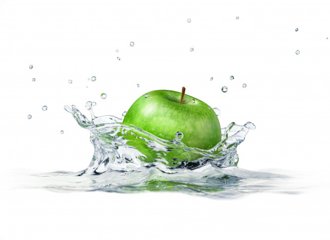 Обои картинки фото еда, Яблоки, белый, фон, яблоко, брызги, вода, white, background, apple, sprays, water