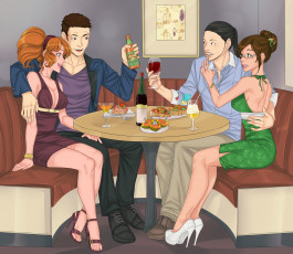Картинка рисованное люди фон девушки взгляд столик диван парни