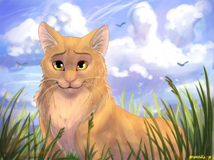 Картинка рисованное животные +коты бабочки фон трава кот взгляд