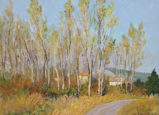 Картинка рисованное живопись дома горы деревья countryside in provence картина марсель диф пейзаж