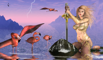 Картинка 3д+графика фантазия+ fantasy девушка взгляд фон оружие озеро фламинго молния горы лотос камень