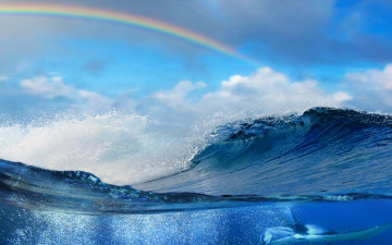 обоя природа, радуга, вода, волна, sky, ocean, море, океан, splash, sea, blue, wave