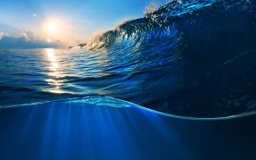 обоя природа, вода, ocean, wave, blue, sea, sky, splash, океан, море, волна, закат