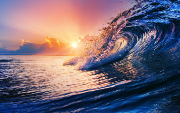 обоя природа, вода, волна, закат, blue, море, океан, splash, sky, sea, ocean, wave