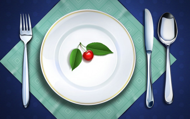 Обои картинки фото векторная графика, еда , food, приборы, вилка, тарелка, салфетка, стол, ягода, черешня, ложка, нож, листья