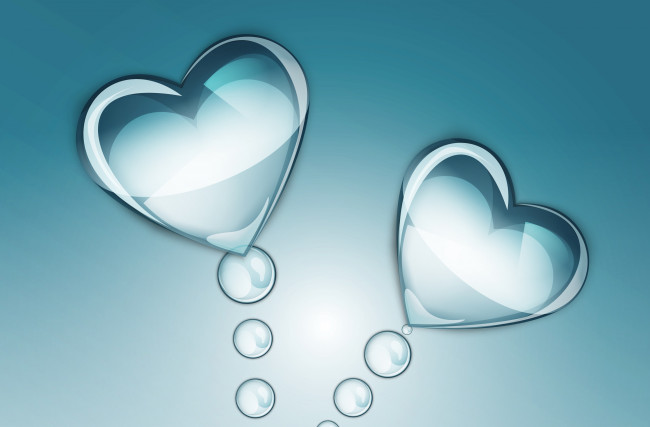 Обои картинки фото 3д графика, романтика , romantics, сердечки, капли, пузыри, голубой, фон