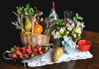 обоя еда, натюрморт, цветы, ваза, фрукты