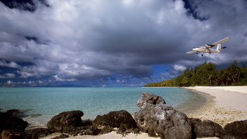 Картинка авиация авиационный+пейзаж креатив тучи небо тропики пляж камни море взлет берег