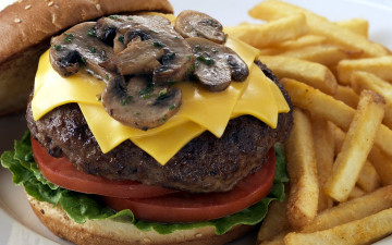 Картинка еда бутерброды +гамбургеры +канапе грибы помидор сыр шампиньоны котлета гамбургер фри картофель
