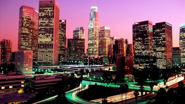 Обои картинки фото города, лос-анджелес , сша, огни, небоскребы, фонари, улицы, вечер