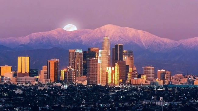 Обои картинки фото города, лос-анджелес , сша, солнце, небоскребы, горы
