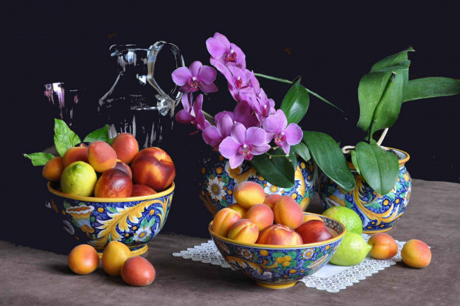 Обои картинки фото еда, натюрморт, фрукты, цветы