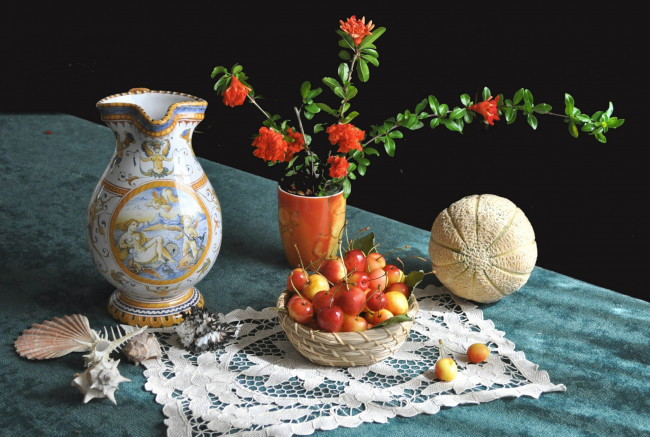 Обои картинки фото еда, натюрморт, ваза, цветы, фрукты