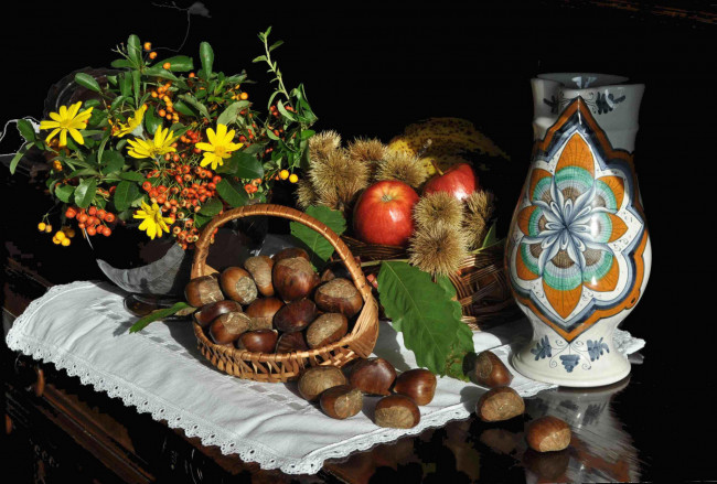 Обои картинки фото еда, натюрморт, ваза, фрукты, цветы