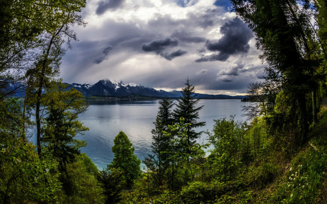 Обои картинки фото природа, реки, озера, озеро, горы, деревья, облака