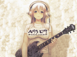 обоя аниме, super sonico, гитара, футболка, наушники, девушка