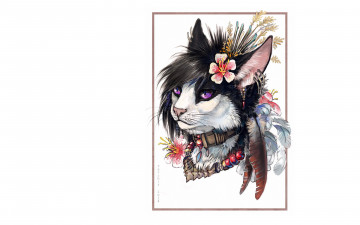 Картинка рисованное животные +сказочные +мифические перья украшения кот цветы портрет прическа