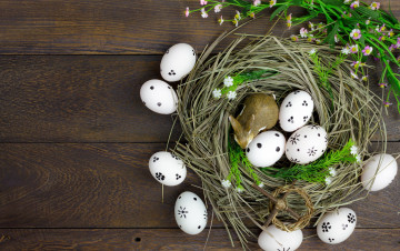 Картинка праздничные пасха весна сено яйца wood easter decoration flowers eggs цветы spring happy