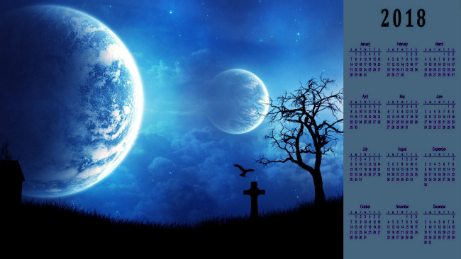 Обои картинки фото календари, фэнтези, планета, дерево, крест, птица, ночь