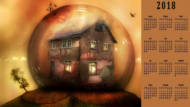 Обои картинки фото календари, рисованные,  векторная графика, сфера, шар, дом, дерево
