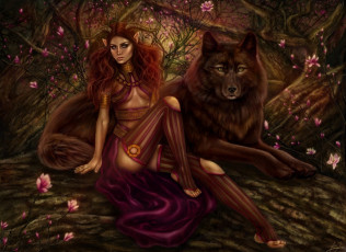 Картинка фэнтези существа девушка рога волк цветы
