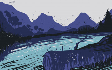 Картинка векторная+графика природа+ nature горы озеро бревно