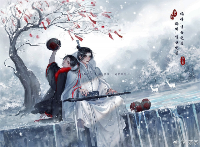 Обои картинки фото аниме, mo dao zu shi, лань, ванцзи, вэй, усянь, кувшины, олени, гуцинь, зима, дерево