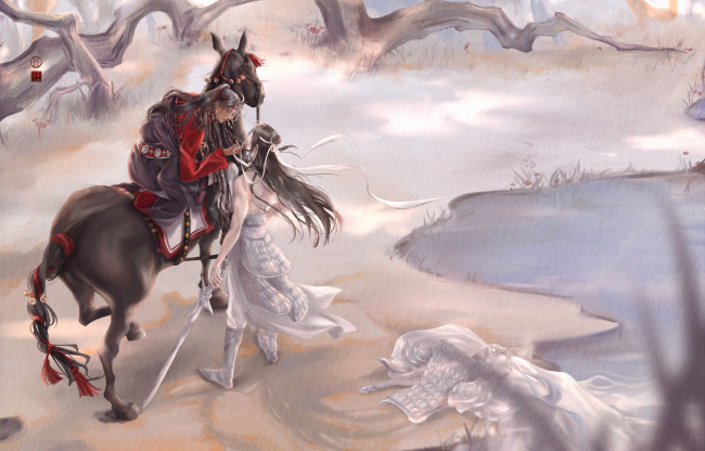Обои картинки фото аниме, mo dao zu shi, вэй, усянь, лань, ванцзи, берег, лошадь, меч